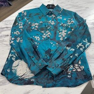 SALVATORE FERRAGAMO SILK Floral Teal Button-Up Shirt